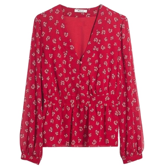 Madewell Tops - Madewell V-Neck Red Boho Peplum Style Lined Button Top in Floral Little Lillies